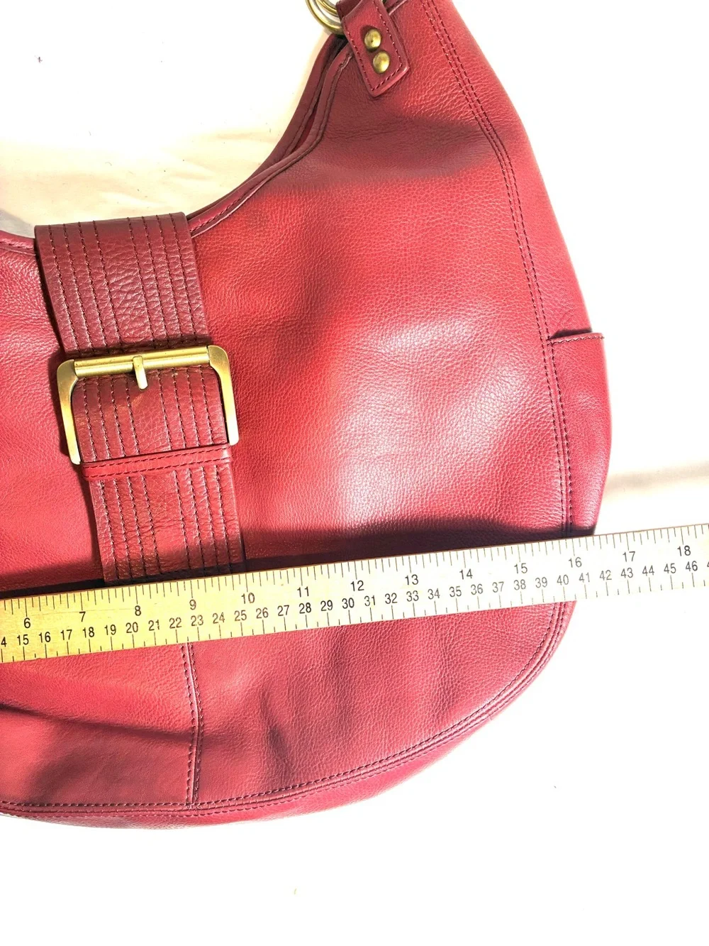 A.N.A. Red 100% Cowhide Leather Hobo Handbag Short Shoulder Stapes Gold-Tone HW